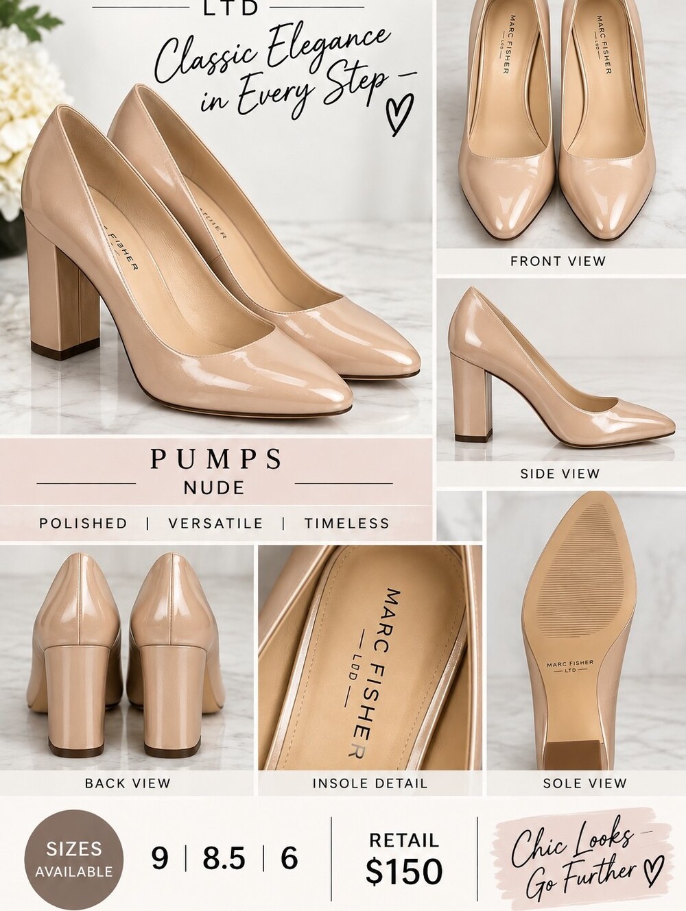 NIB Marc Fisher LTD Nude Patent Block Heel Pumps